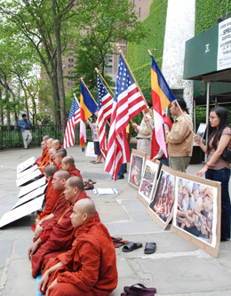 Fasting Burmese monks demonstrate at the United Nations against treatment of victims of a devastating May 2008 cyclone that killed an estimated 130,000. Survivors were being starved through willful government neglect, the monks charged. Photo courtesy of the International Burmese Monks Organization.
